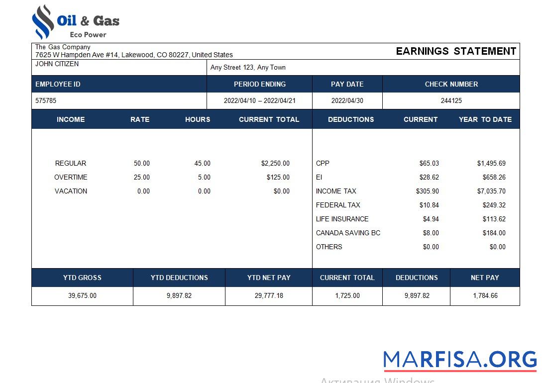 Blank Gas corporation paroll sample